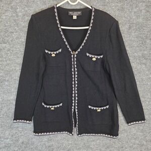 St. John Collection Jacket Size 8 Black Ivory Trim Zipper Front Cardigan Sweater